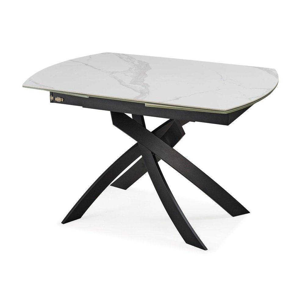 Gray White and Black Ceramic and Metal Self-Storing Leaf Cross Leg Base Oval Extendable Dining Table