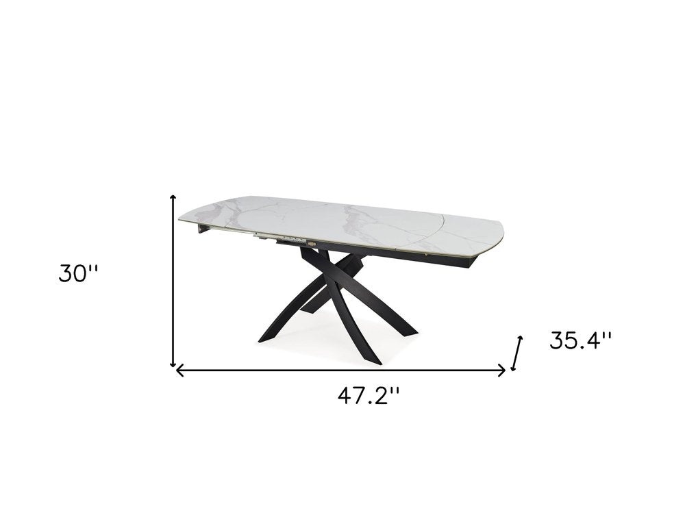 Gray White and Black Ceramic and Metal Self-Storing Leaf Cross Leg Base Oval Extendable Dining Table
