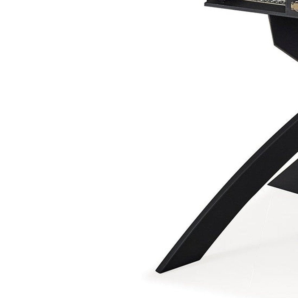 Gray White and Black Ceramic and Metal Self-Storing Leaf Cross Leg Base Oval Extendable Dining Table