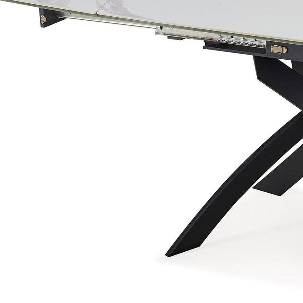 Gray White and Black Ceramic and Metal Self-Storing Leaf Cross Leg Base Oval Extendable Dining Table