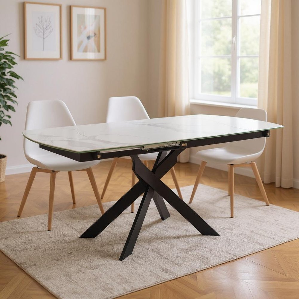 Gray White and Black Ceramic and Metal Self-Storing Leaf Cross Leg Base Oval Extendable Dining Table