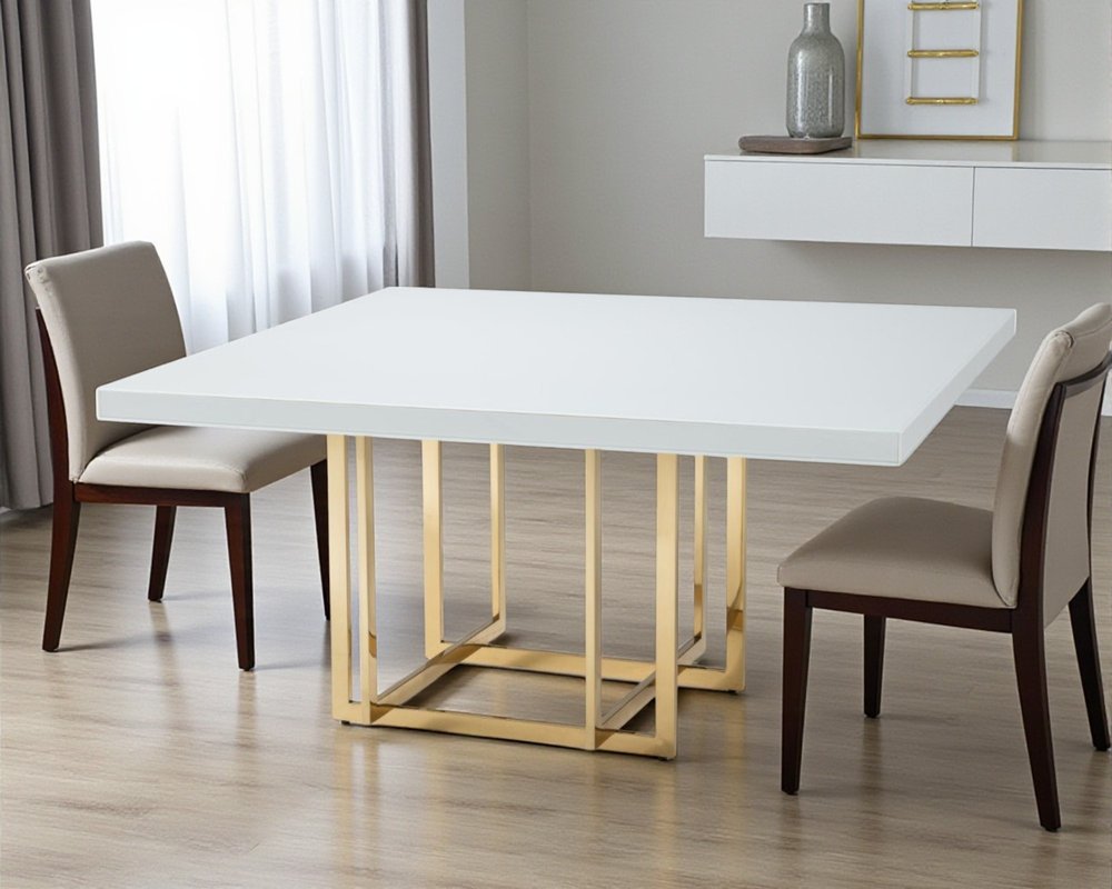 White and Gold Wood and Metal Pedestal Base Square Dining Table - 59-inch