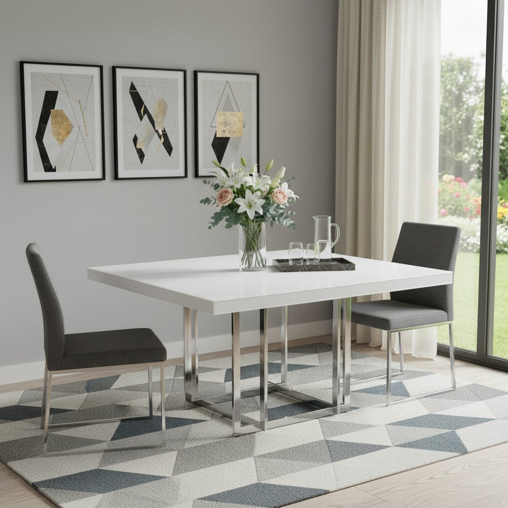 White and Silver Wood and Metal Pedestal Base Square Dining Table - 59-inch