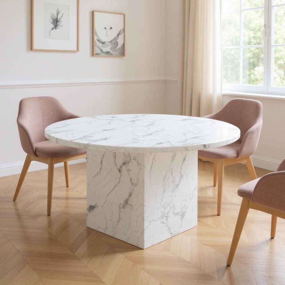 Gray and White Marble Pedestal Base Round Top Dining Table - 60-inch