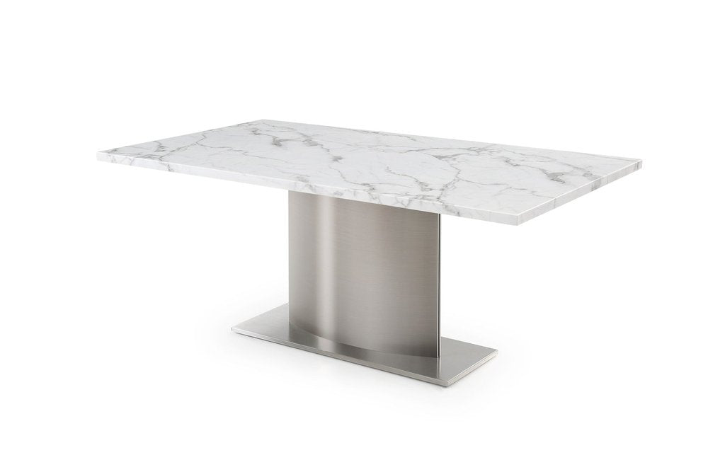 Gray White and Silver Marble and Stainless Steel Pedestal Base Dining Table