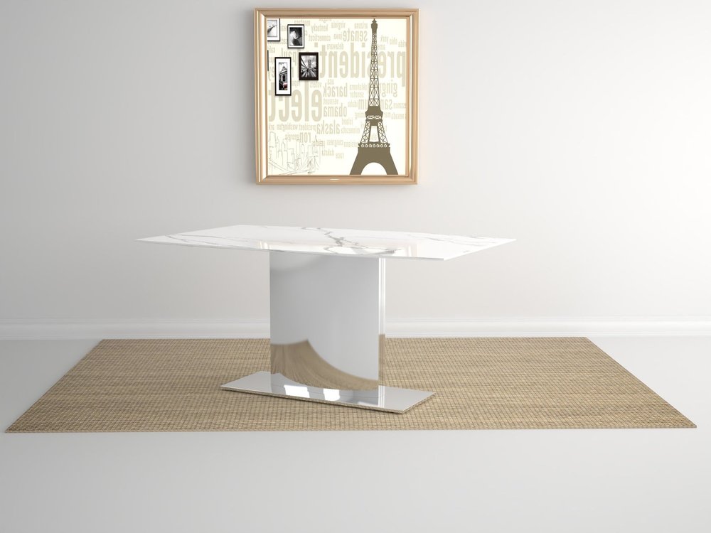 Gray White and Silver Marble and Stainless Steel Pedestal Base Dining Table