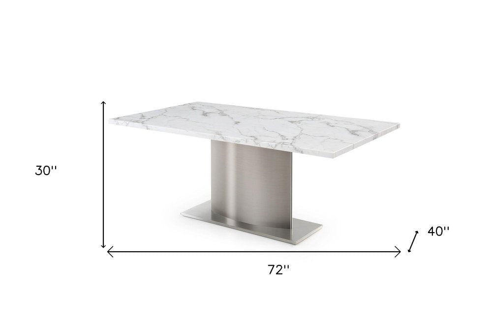 Gray White and Silver Marble and Stainless Steel Pedestal Base Dining Table