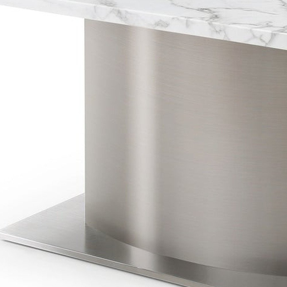Gray White and Silver Marble and Stainless Steel Pedestal Base Dining Table