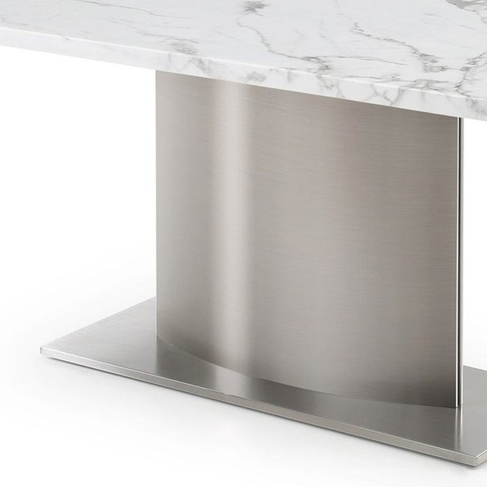 Gray White and Silver Marble and Stainless Steel Pedestal Base Dining Table