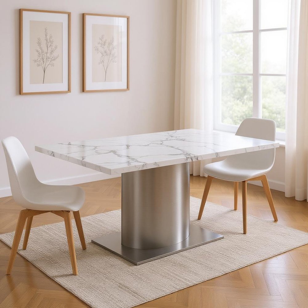 Gray White and Silver Marble and Stainless Steel Pedestal Base Dining Table