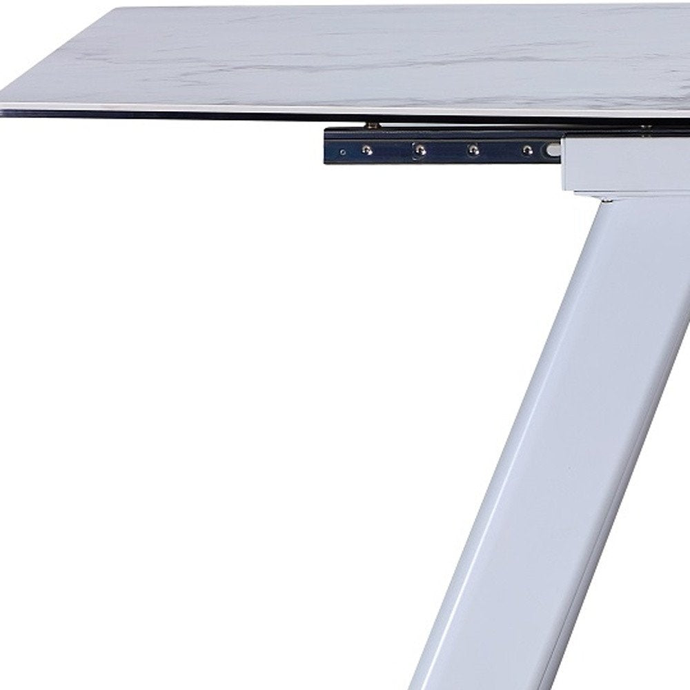 Gray and White Ceramic and Metal Self-Storing Leaf Extendable Dining Table