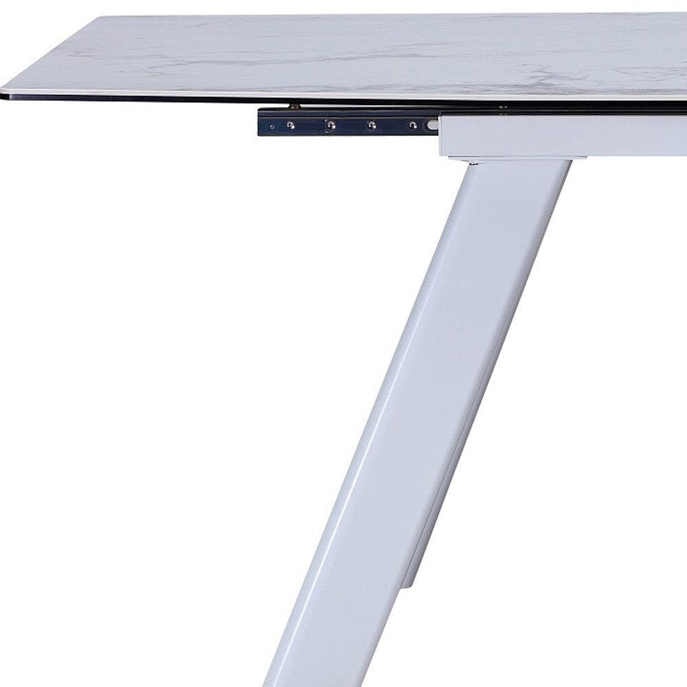 Gray and White Ceramic and Metal Self-Storing Leaf Extendable Dining Table