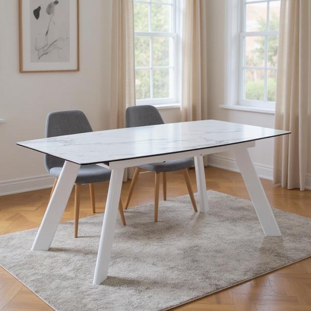 Gray and White Ceramic and Metal Self-Storing Leaf Extendable Dining Table