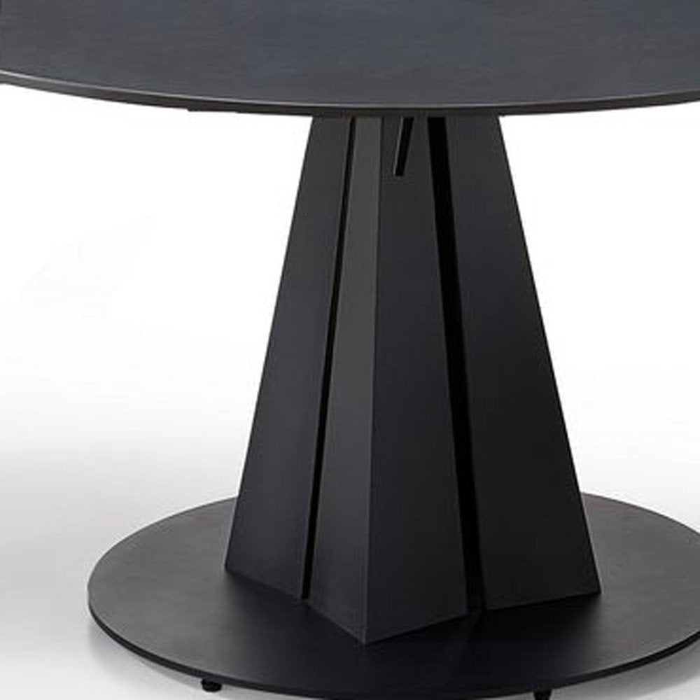 Black Stone and Metal Self-Storing Leaf Pedestal Base Round Top Extendable Dining Table