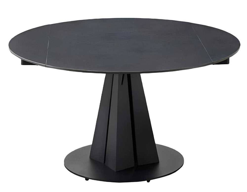 Black Stone and Metal Self-Storing Leaf Pedestal Base Round Top Extendable Dining Table