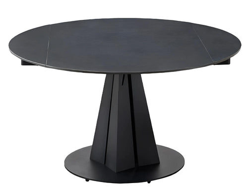 Black Stone and Metal Self-Storing Leaf Pedestal Base Round Top Extendable Dining Table