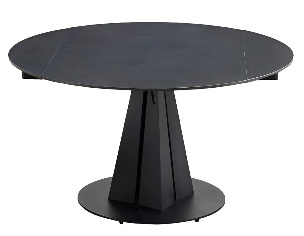 Black Stone and Metal Self-Storing Leaf Pedestal Base Round Top Extendable Dining Table