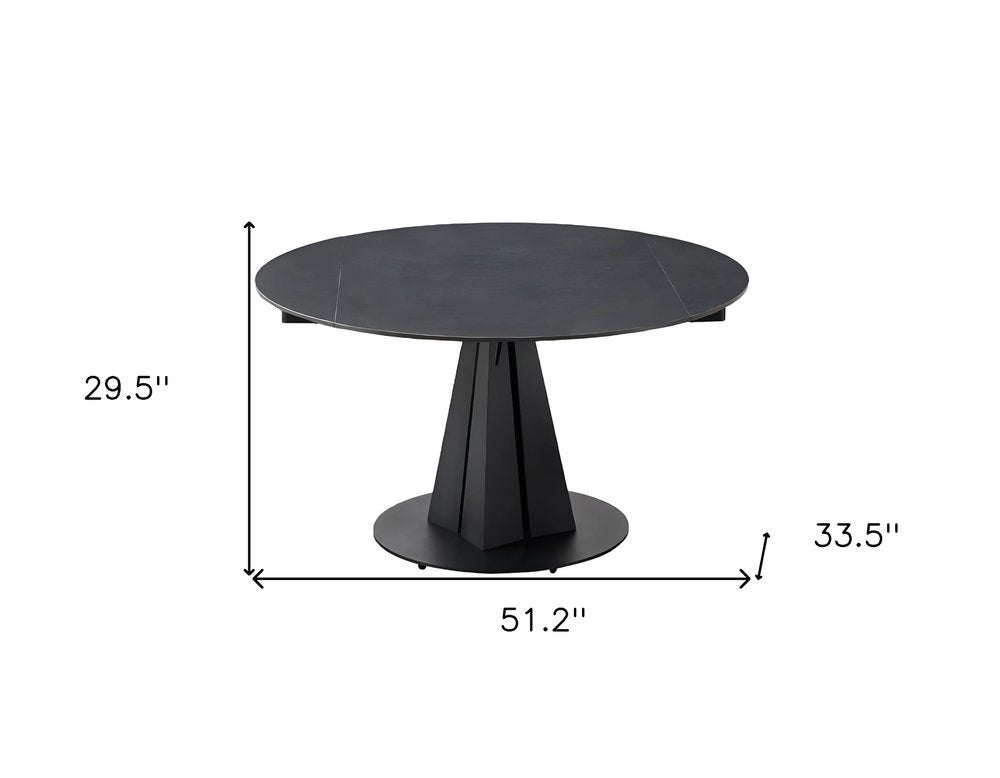 Black Stone and Metal Self-Storing Leaf Pedestal Base Round Top Extendable Dining Table