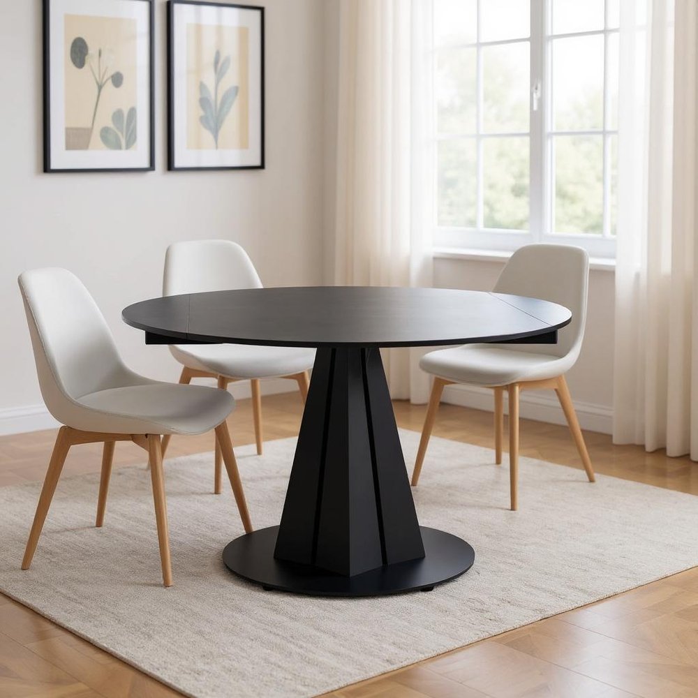 Black Stone and Metal Self-Storing Leaf Pedestal Base Round Top Extendable Dining Table
