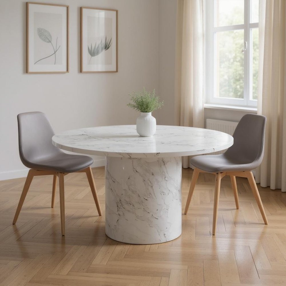 Gray and White Marble Pedestal Base Round Top Dining Table - 60-inch