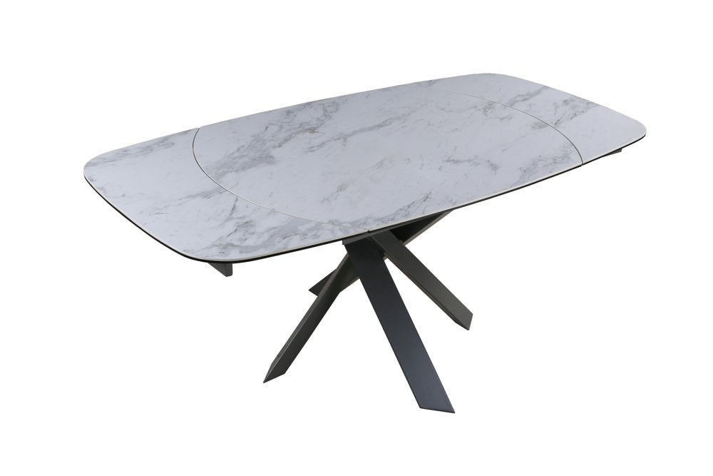 Gray and White Ceramic and Metal Self-Storing Leaf Cross Leg Base Oval Extendable Dining Table