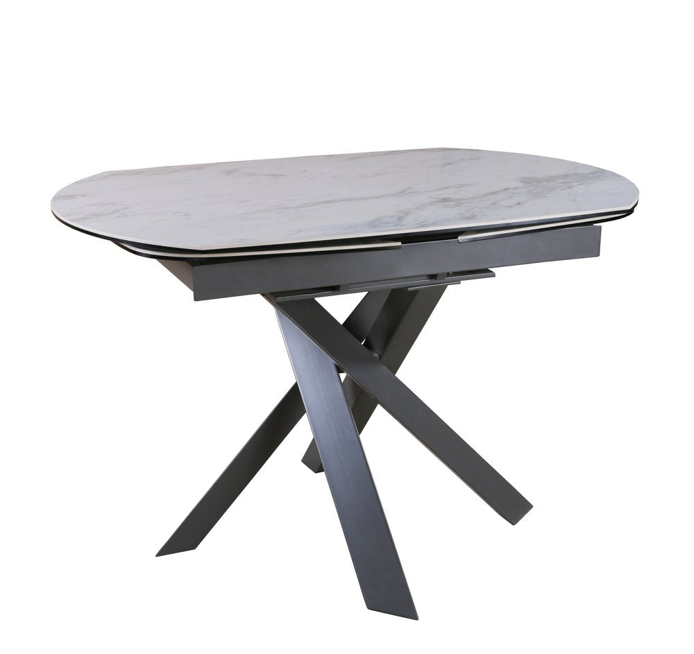 Gray and White Ceramic and Metal Self-Storing Leaf Cross Leg Base Oval Extendable Dining Table