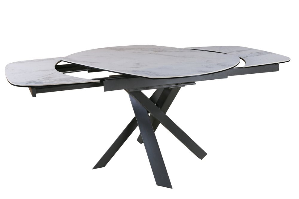 Gray and White Ceramic and Metal Self-Storing Leaf Cross Leg Base Oval Extendable Dining Table