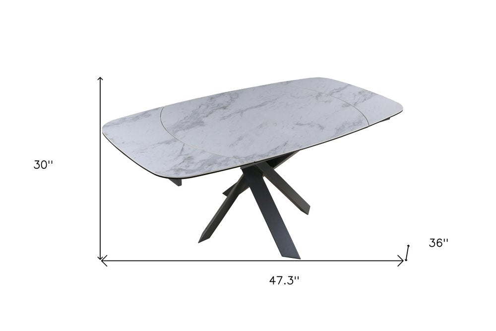 Gray and White Ceramic and Metal Self-Storing Leaf Cross Leg Base Oval Extendable Dining Table