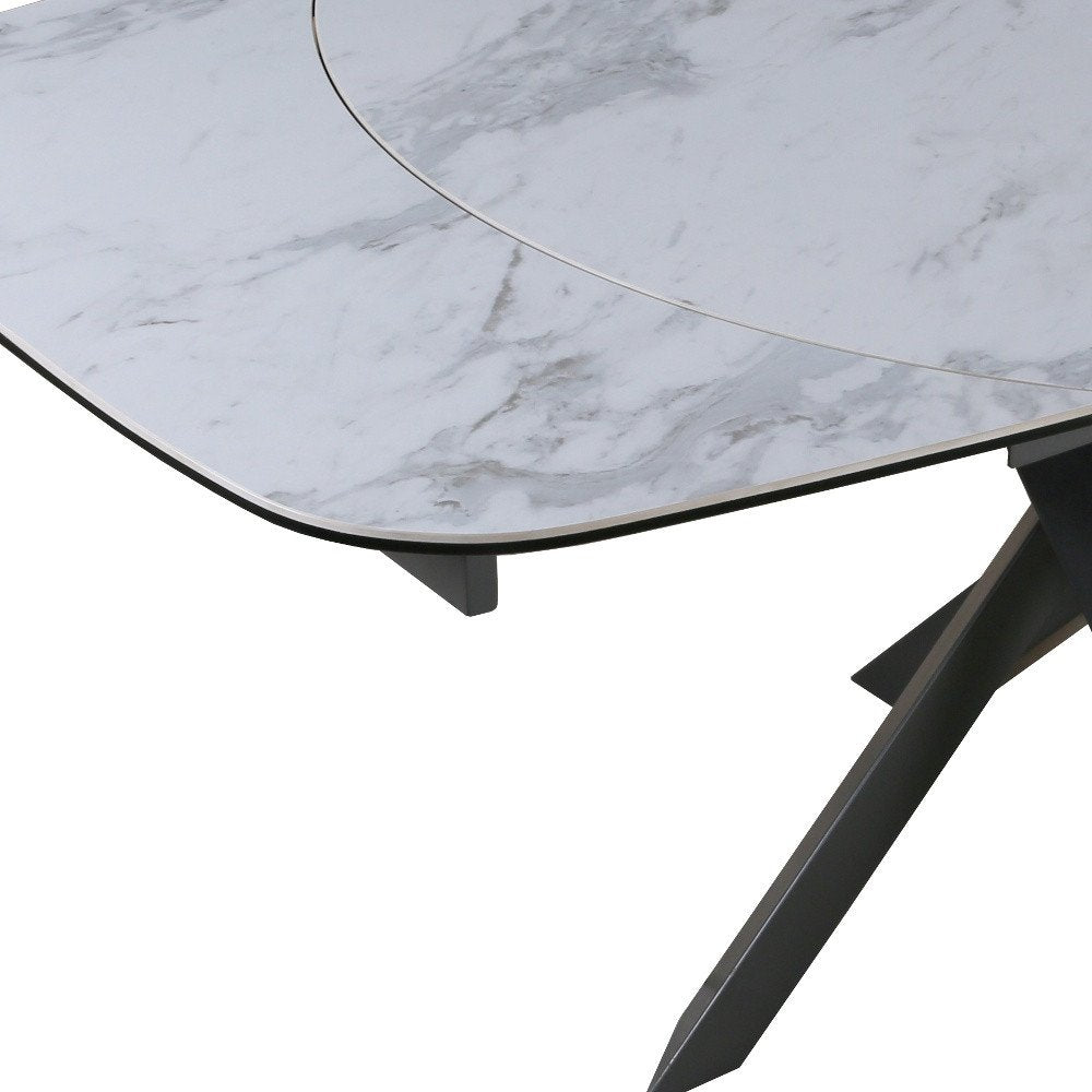 Gray and White Ceramic and Metal Self-Storing Leaf Cross Leg Base Oval Extendable Dining Table