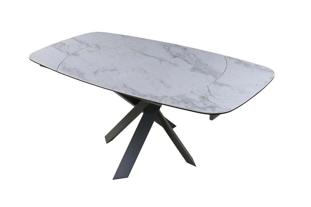 Gray and White Ceramic and Metal Self-Storing Leaf Cross Leg Base Oval Extendable Dining Table