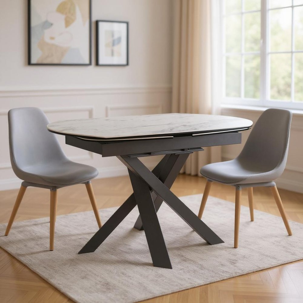 Gray and White Ceramic and Metal Self-Storing Leaf Cross Leg Base Oval Extendable Dining Table