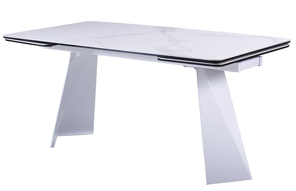 White Ceramic and Metal Self-Storing Leaf Pedestal Base Extendable Dining Table
