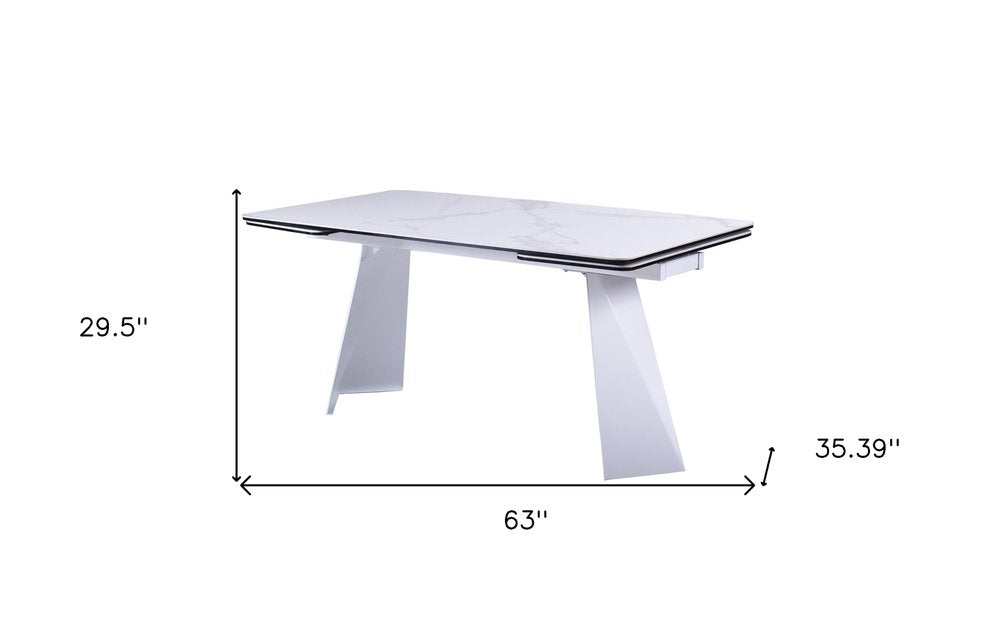 White Ceramic and Metal Self-Storing Leaf Pedestal Base Extendable Dining Table