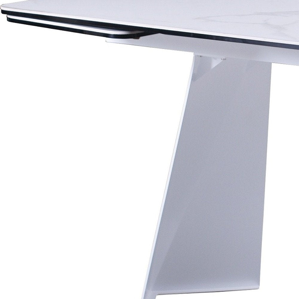 White Ceramic and Metal Self-Storing Leaf Pedestal Base Extendable Dining Table