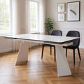 White Ceramic and Metal Self-Storing Leaf Pedestal Base Extendable Dining Table