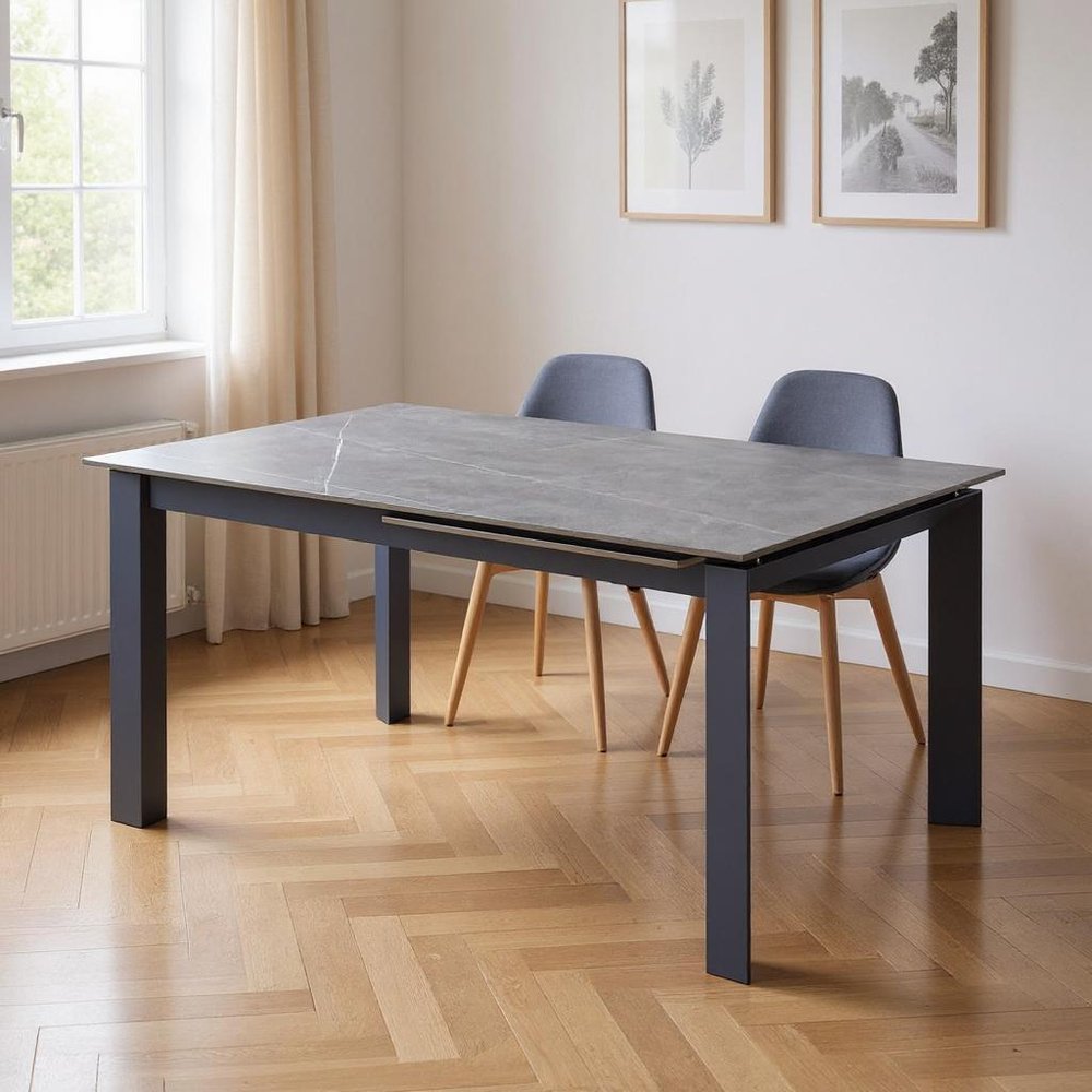 Gray Ceramic and Metal Self-Storing Leaf Extendable Dining Table - 55-inch