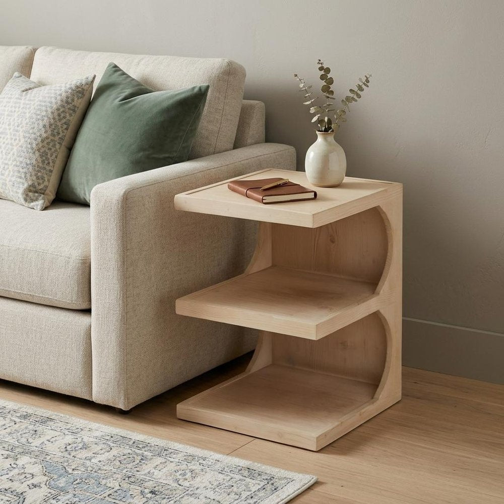 Natural Solid Wood End Table with Two Shelves - 24-inch