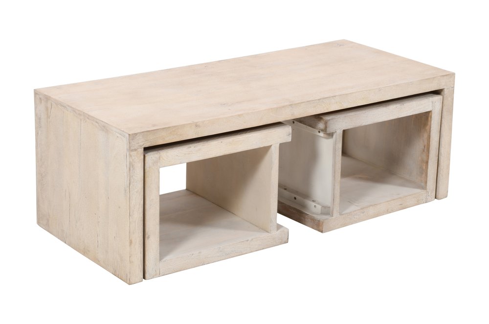 Three Piece Natural Solid Wood Distressed Sled Coffee and End Tables Set