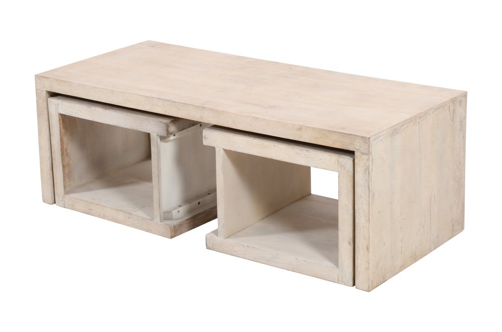 Three Piece Natural Solid Wood Distressed Sled Coffee and End Tables Set
