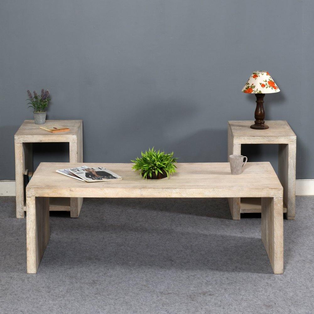 Three Piece Natural Solid Wood Distressed Sled Coffee and End Tables Set