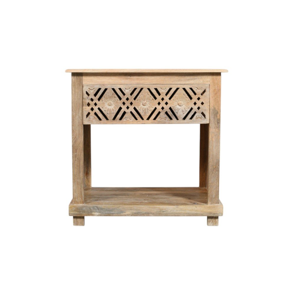 Natural Solid Wood Carved Geometric One Drawer Nightstand - 28-inch