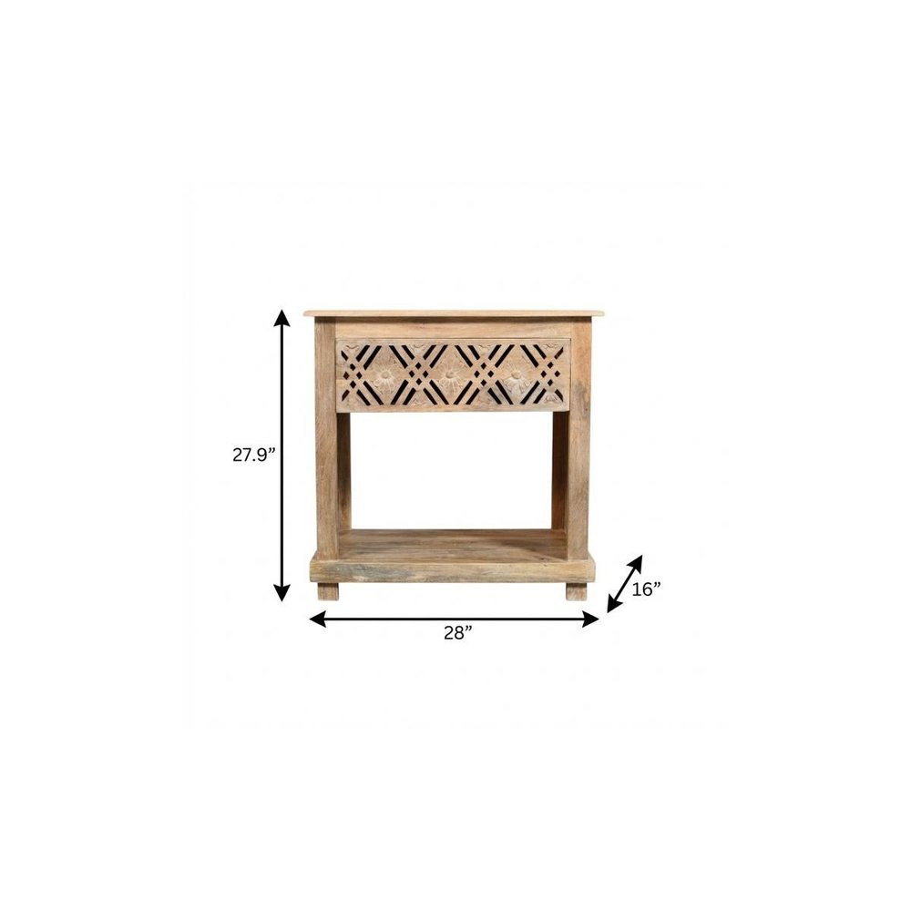 Natural Solid Wood Carved Geometric One Drawer Nightstand - 28-inch