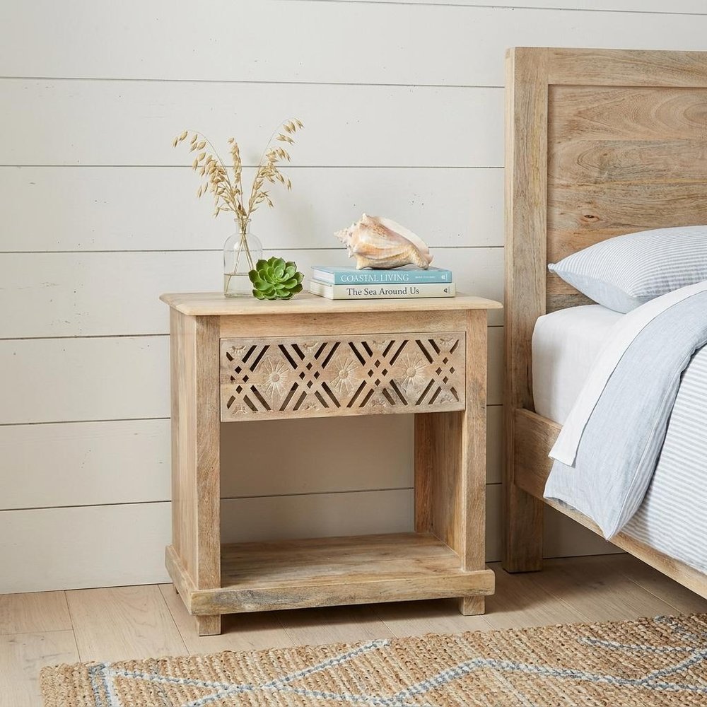 Natural Solid Wood Carved Geometric One Drawer Nightstand - 28-inch