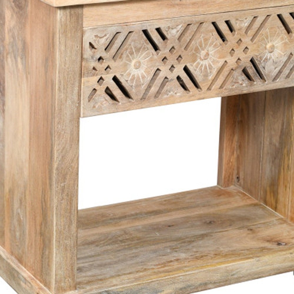 Natural Solid Wood Carved Geometric One Drawer Nightstand - 28-inch