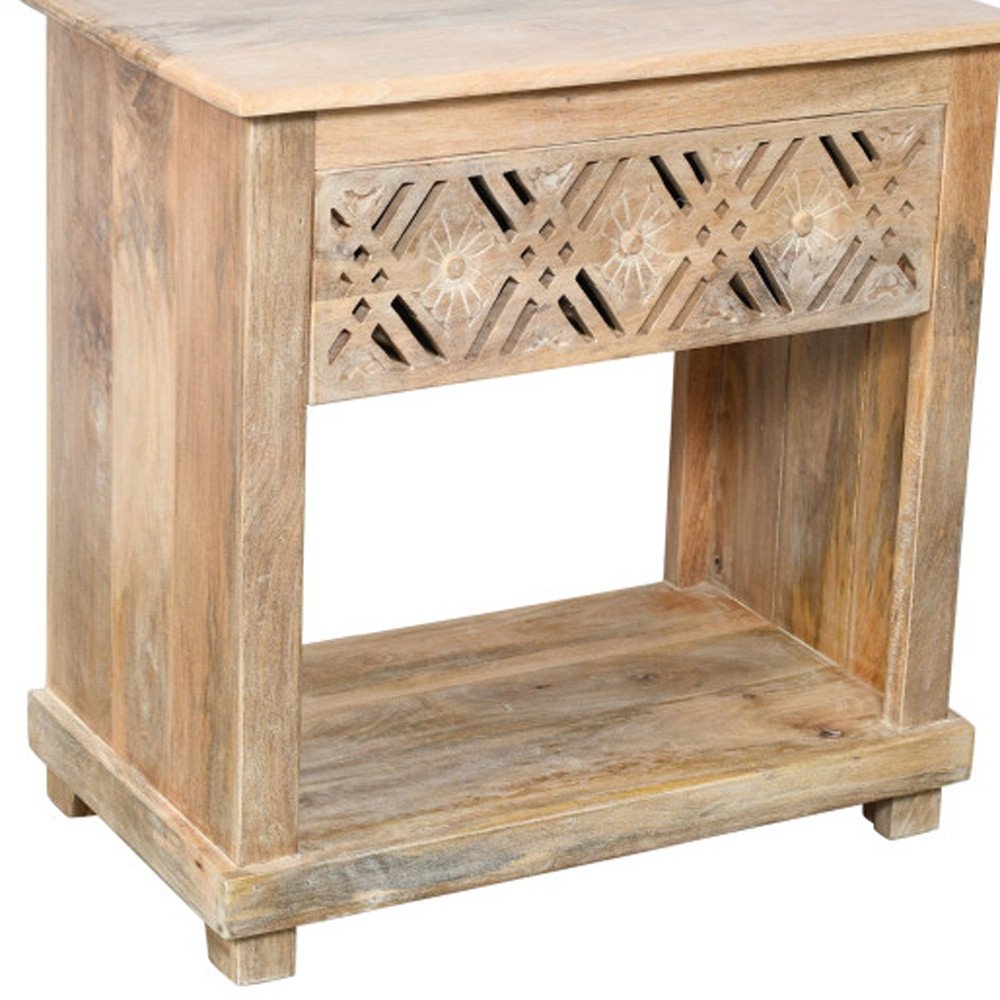 Natural Solid Wood Carved Geometric One Drawer Nightstand - 28-inch