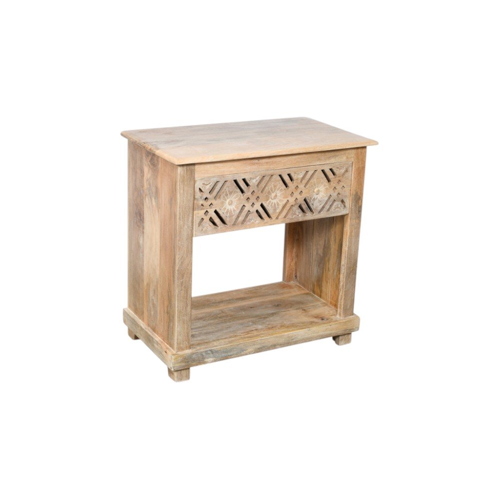 Natural Solid Wood Carved Geometric One Drawer Nightstand - 28-inch