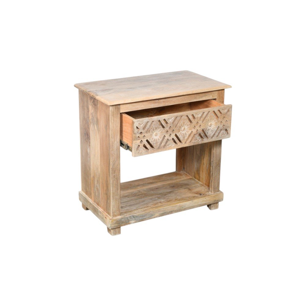 Natural Solid Wood Carved Geometric One Drawer Nightstand - 28-inch