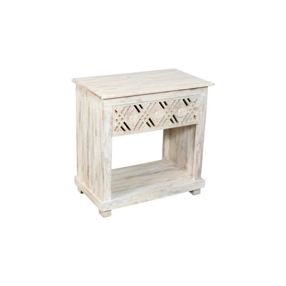 White Solid Wood Distressed Carved Geometric One Drawer Nightstand - 28-inch