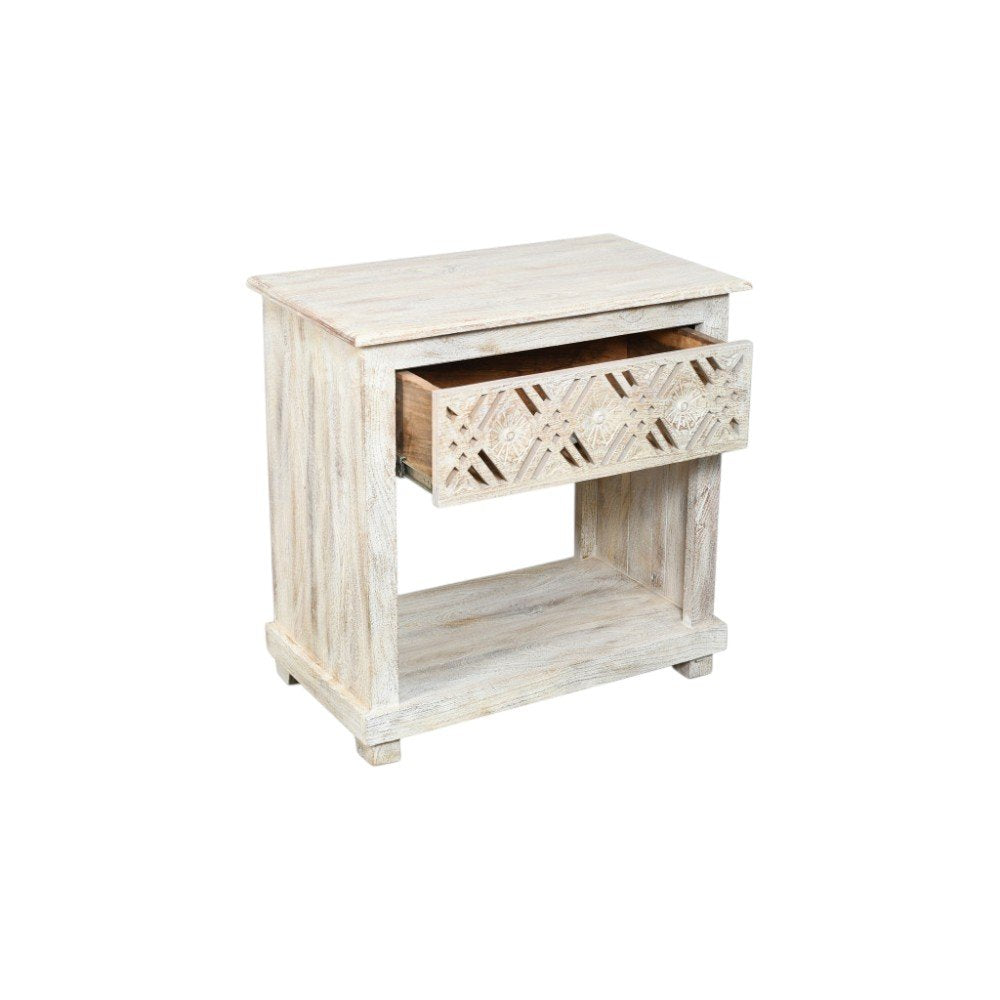 White Solid Wood Distressed Carved Geometric One Drawer Nightstand - 28-inch