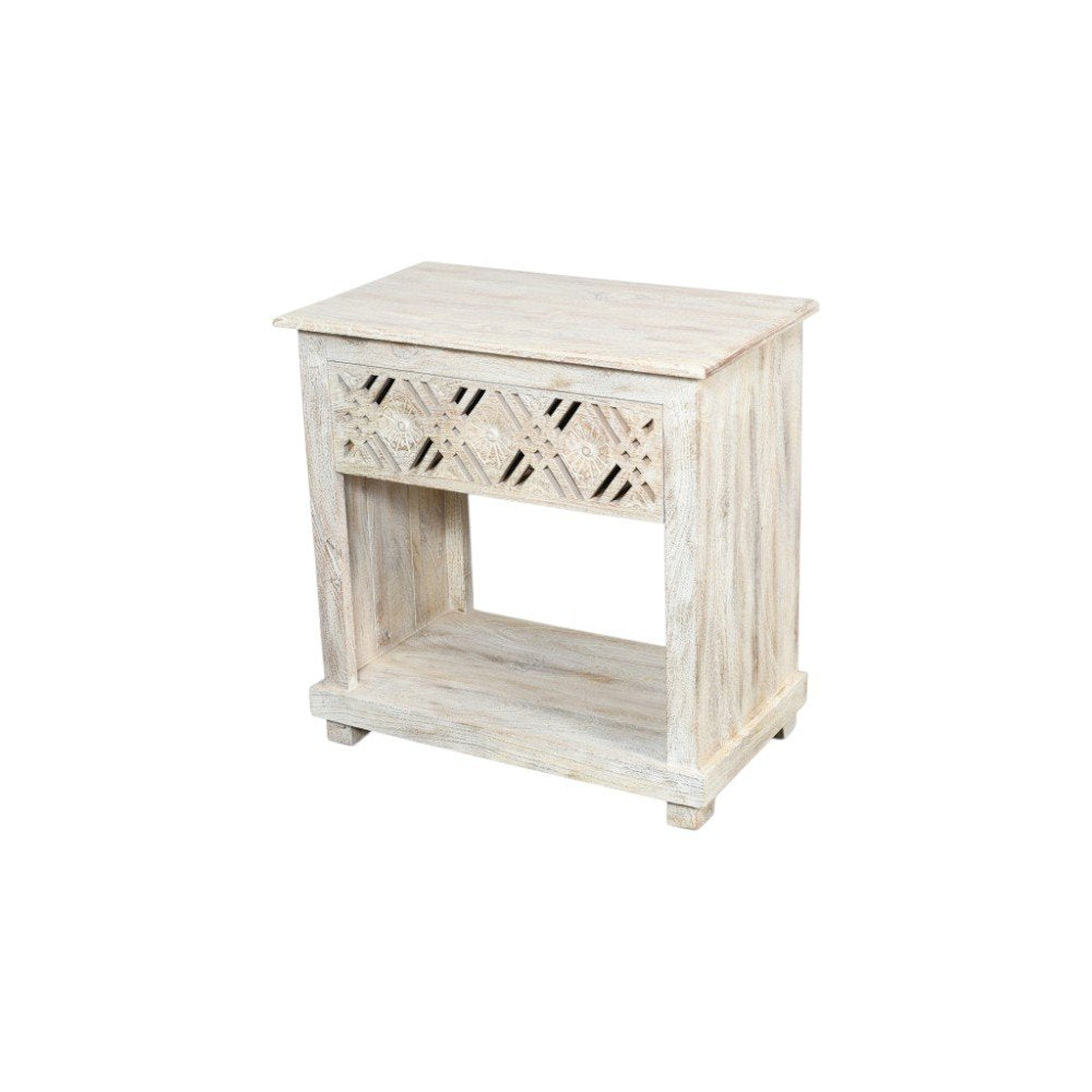 White Solid Wood Distressed Carved Geometric One Drawer Nightstand - 28-inch
